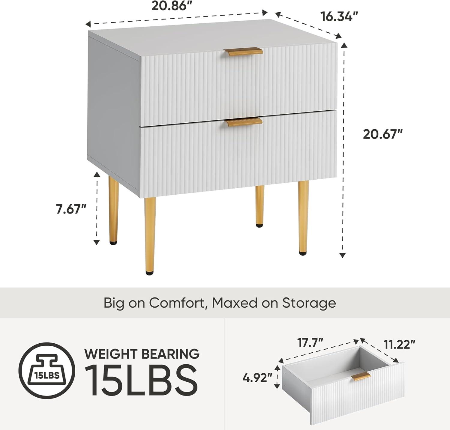 Smuxee Modern Nightstand with 2 Wave Pattern Drawer,End Tables Side Tables for Bedroom,White