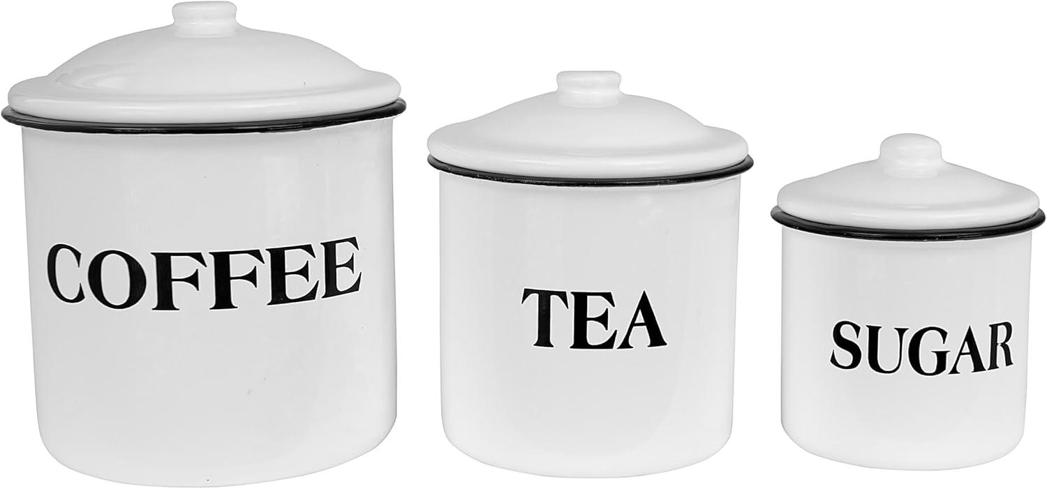 White Enameled Metal Coffee Tea Sugar Canister Set with Lids