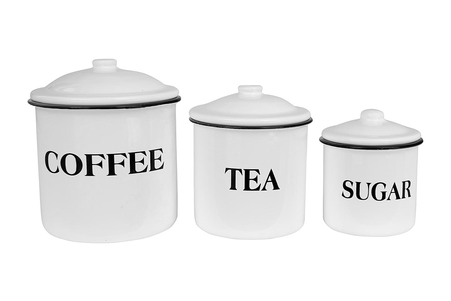Storied Home Set of 3 'Coffee Tea Sugar' Metal Containers with Lid: Kitchen Canister Set for Coffee & Tea Storage