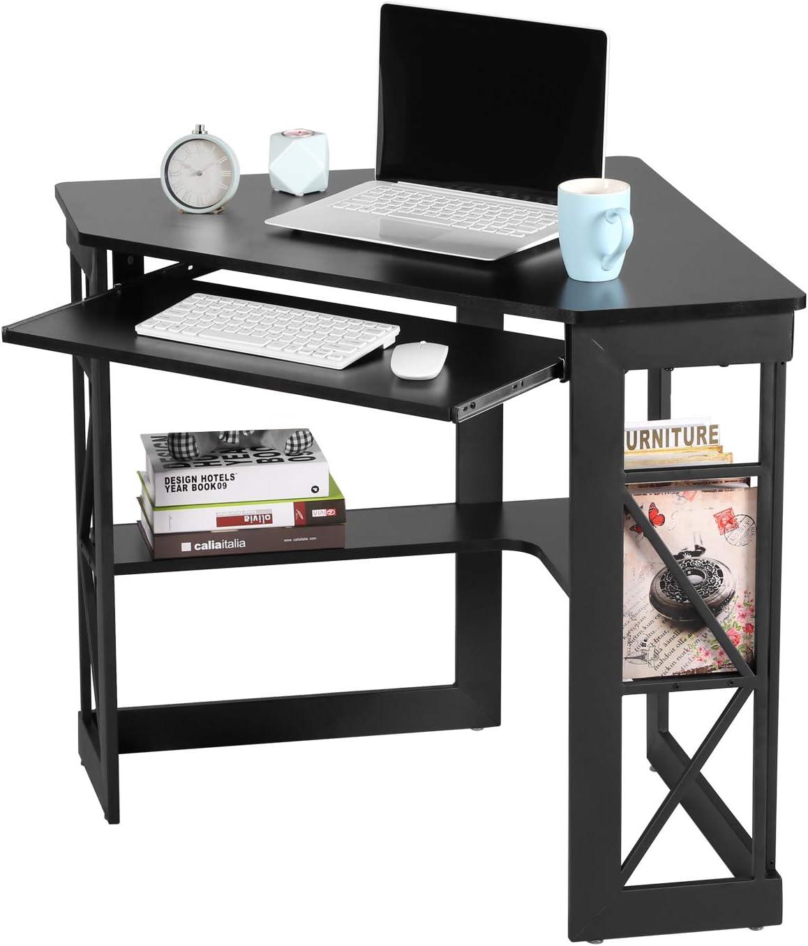 VECELO Corner Computer Desk 41 x 30 inches with Smooth Keyboard & Storage Shelves for Home Office Workstation, Black