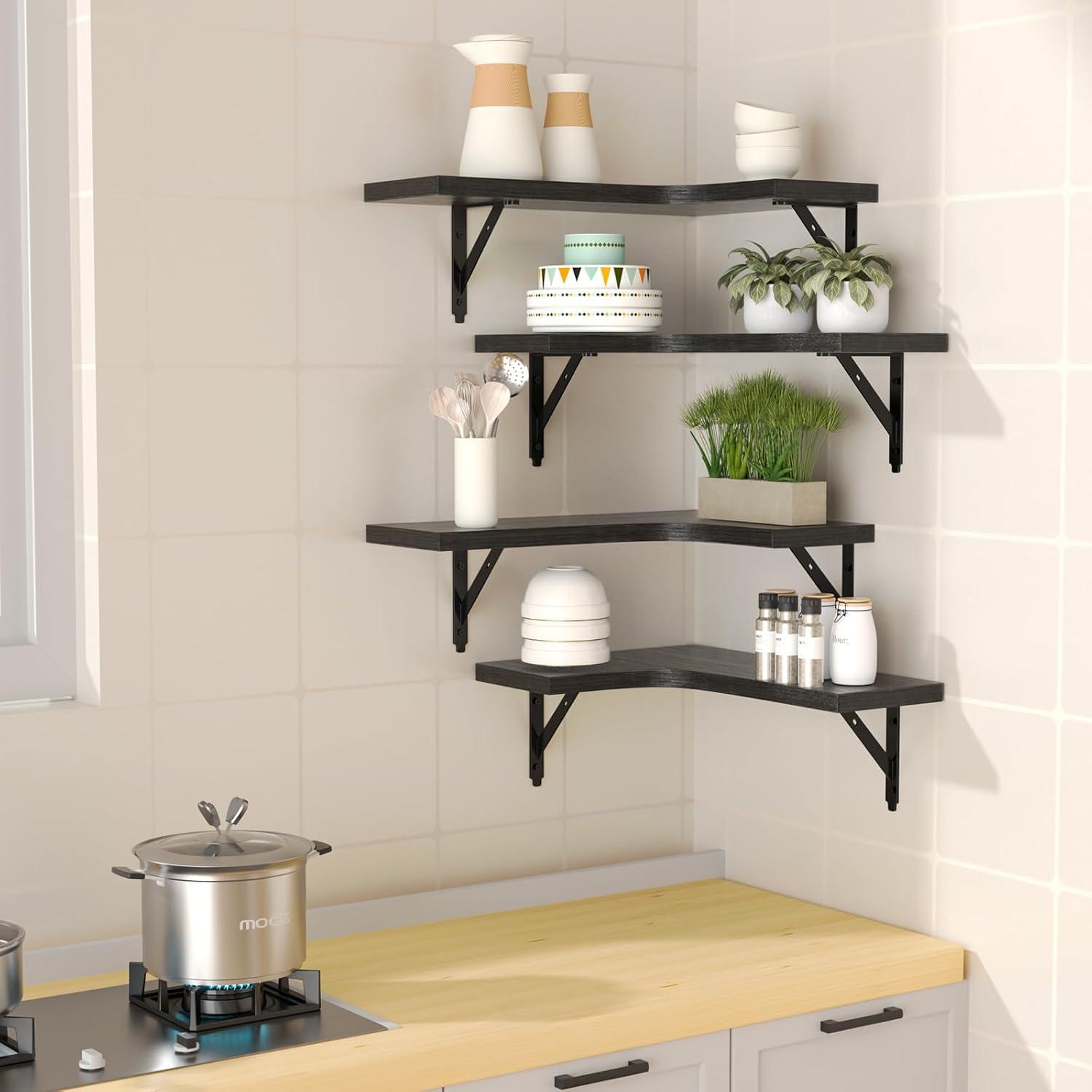 Black Rustic Wood L-Shaped Corner Floating Shelves, Set of 4