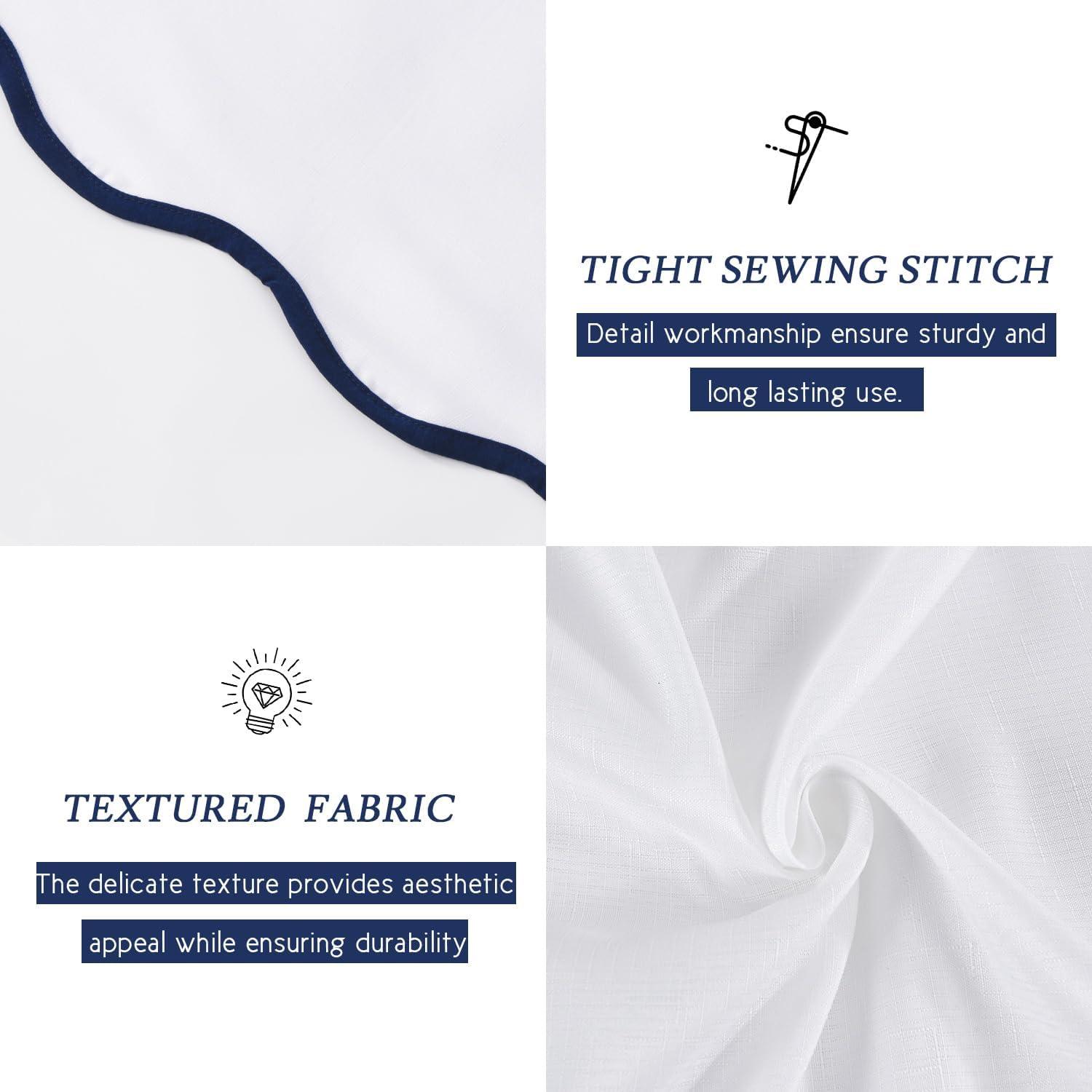 Boho Chic Aesthetic Scallop Edge Shower Curtain, Decorative Coastal Bathroom Curtain for Home Decor, 72 x 72 White and Navy Elegant Minimalist Textured Cloth Bath Curtain (LQ-36)