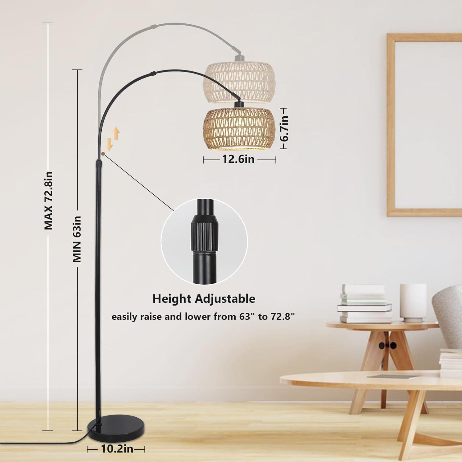 ROTTOGOON Boho Floor Lamp with Dimmable Bulb, Rattan &Linen Double Shades, Boho Standing Tall Lamps with Foot Switch, Bohemian Floor Lamps for Living Room, Bedroom, Office