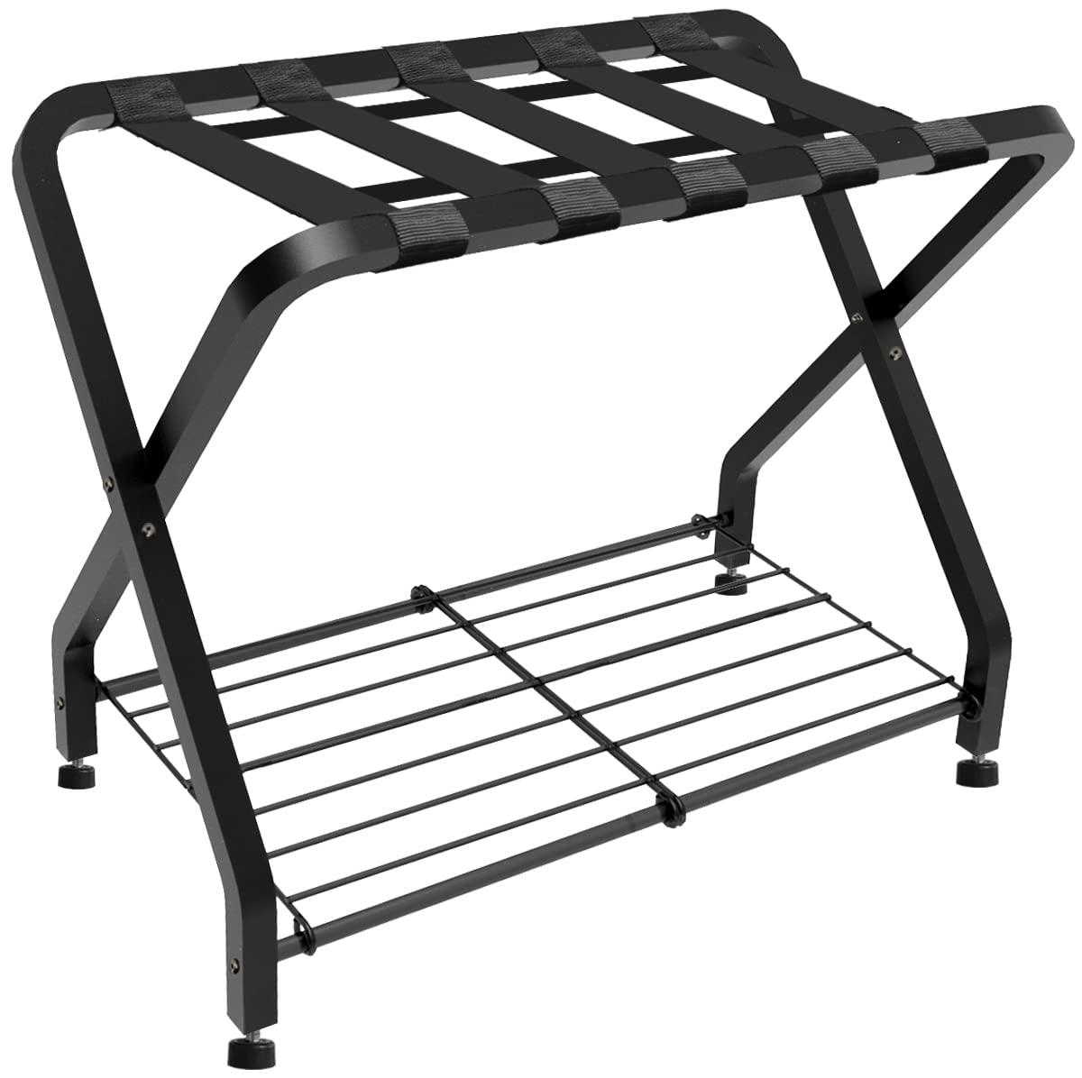 BINO Folding Luggage Rack With 2-Tiers Storage Shelf, Foldable Steel Frame Luggage Organizers For Suitcase, Metal Luggage Holder For Guest Room, Bedroom, Hotel, Closet, Black, 1Pack