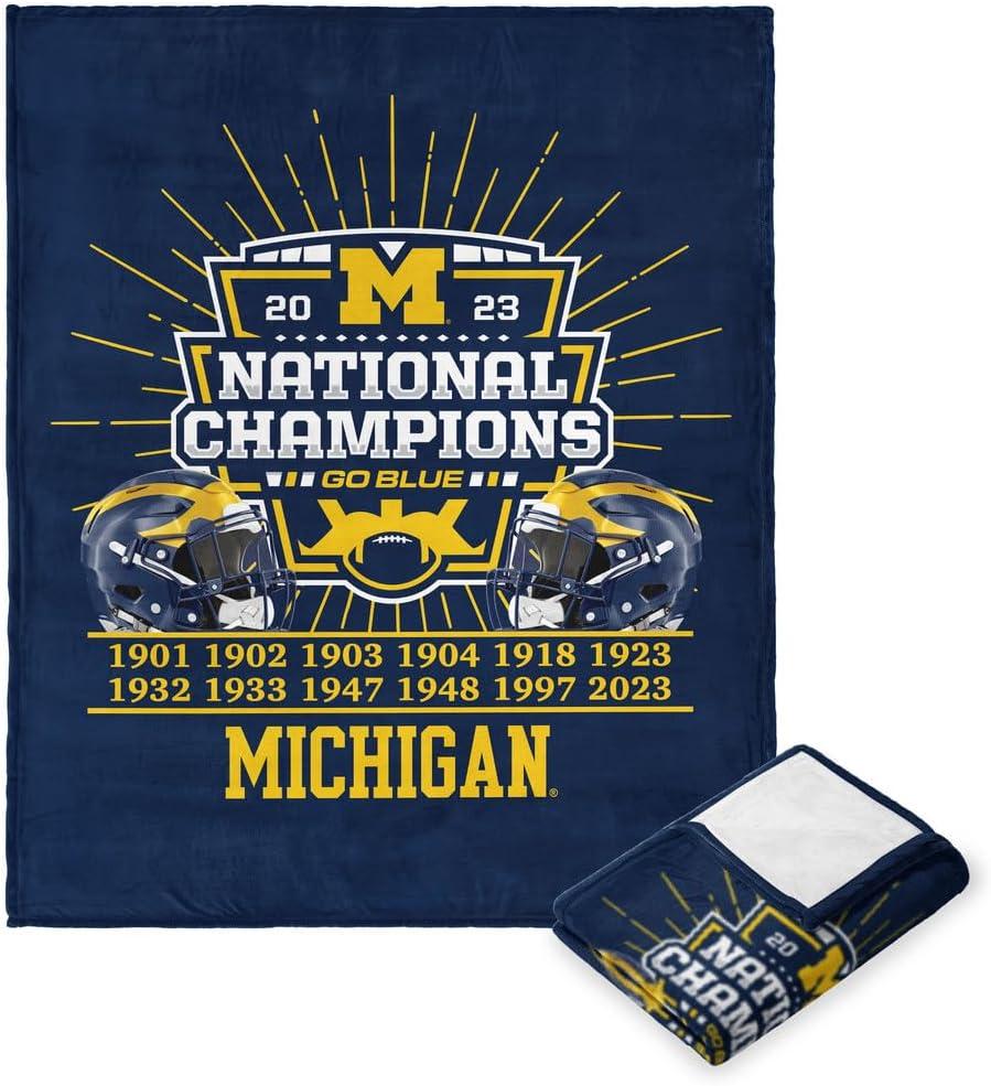 Michigan Wolverines 2023 National Champions Blue Silk Touch Throw Blanket