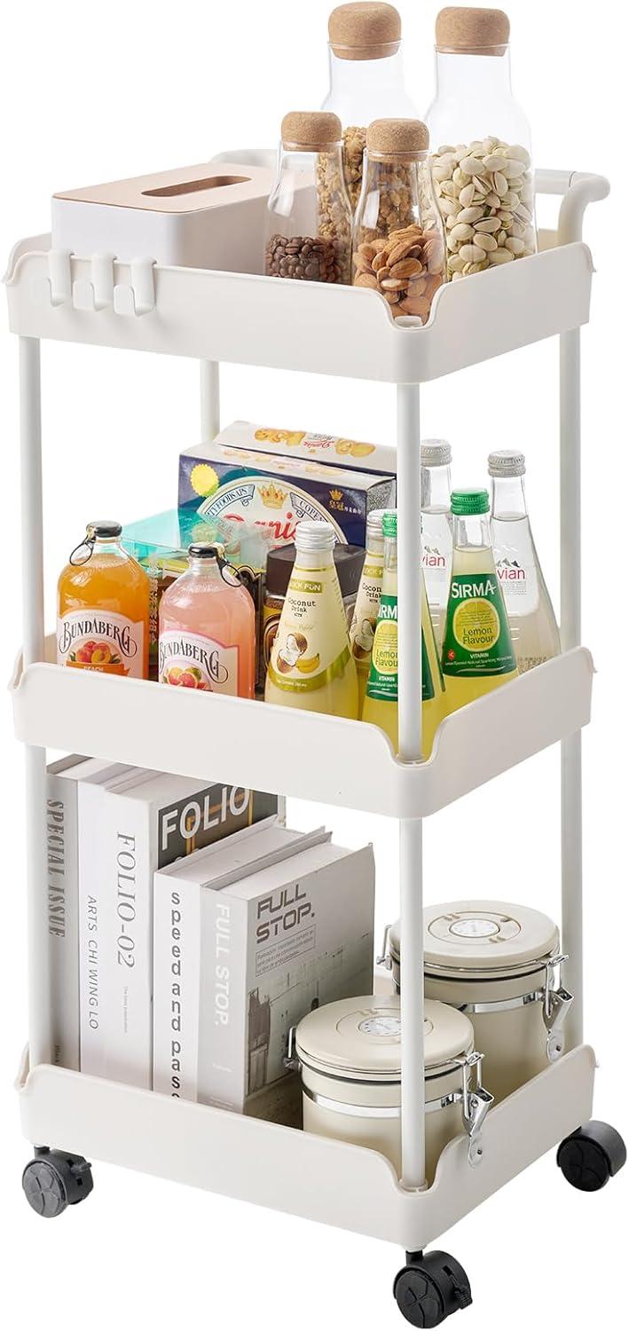 SKYSHALO 3-Tier Kitchen Rolling Cart Basket Utility Cart on Wheel with Handle White