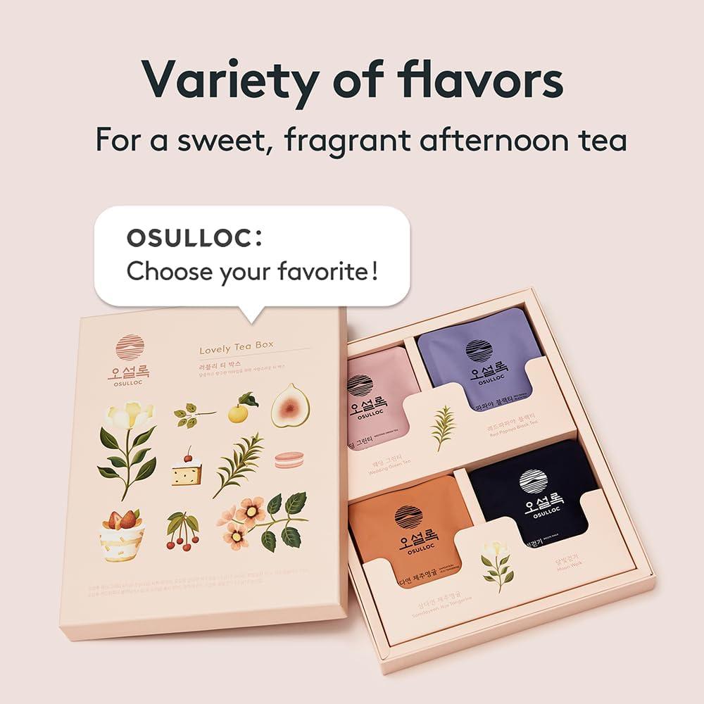 OSULLOC Lovely Tea Gift Box Set (12 count, 4 flavors x 3 EA) | Premium Blended Tea from Jeju | Korean Tea Sampler | Fruit Tea Variety Pack | Pyramid Tea Bag Series