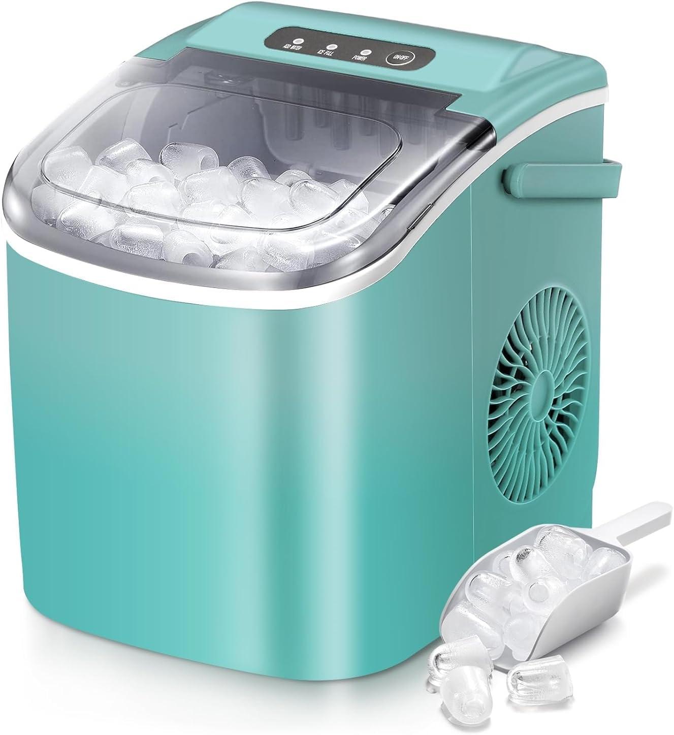 R.W.FLAME Ice Makers Countertop with Handle,26.5Lbs/24H,9 Cubes in 6 Mins,2 Sizes of Bullet Ice,Portable Ice Maker Machine with Self-Cleaning, green