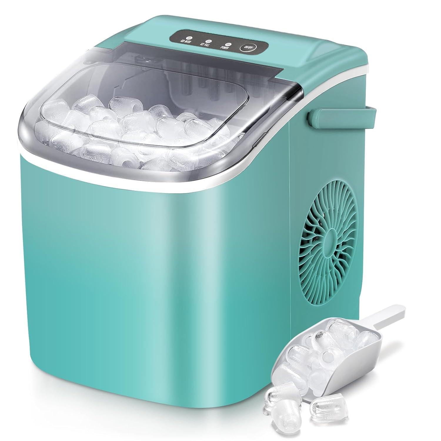 R.W.FLAME Ice Makers Countertop with Handle,26.5Lbs/24H,9 Cubes in 6 Mins,2 Sizes of Bullet Ice,Portable Ice Maker Machine with Self-Cleaning, green