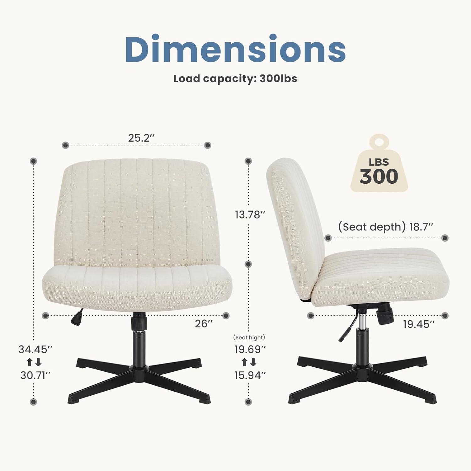 Criss Cross Chair with Wheels, Cross Legged Office Chair, Wide Comfort Desk Chair, Armless Computer Task Chair, Swivel Fabric Vanity Home Chair, Height Adjustable