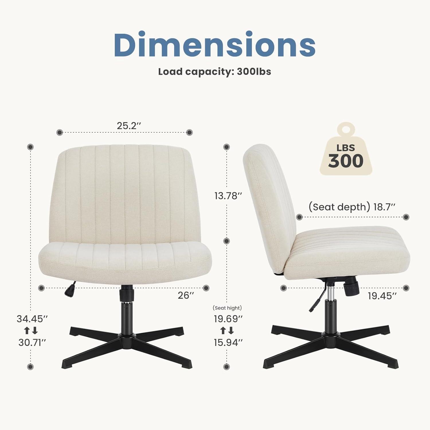 Criss Cross Chair with Wheels, Cross Legged Office Chair, Wide Comfort Desk Chair, Armless Computer Task Chair, Swivel Fabric Vanity Home Chair, Height Adjustable