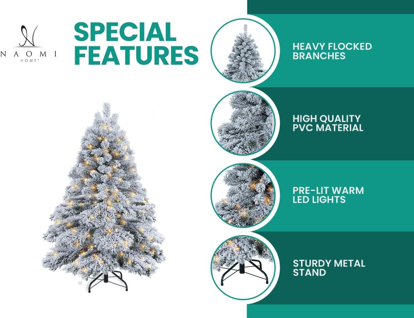 Brittany 7.5ft Snow Flocked Christmas Tree Prelit with 1324 Branch Tips, 650 Warm Lights and Metal Stand, 57" wide Realistic Nevada Frosted Christmas Tree with Lights by Naomi Home