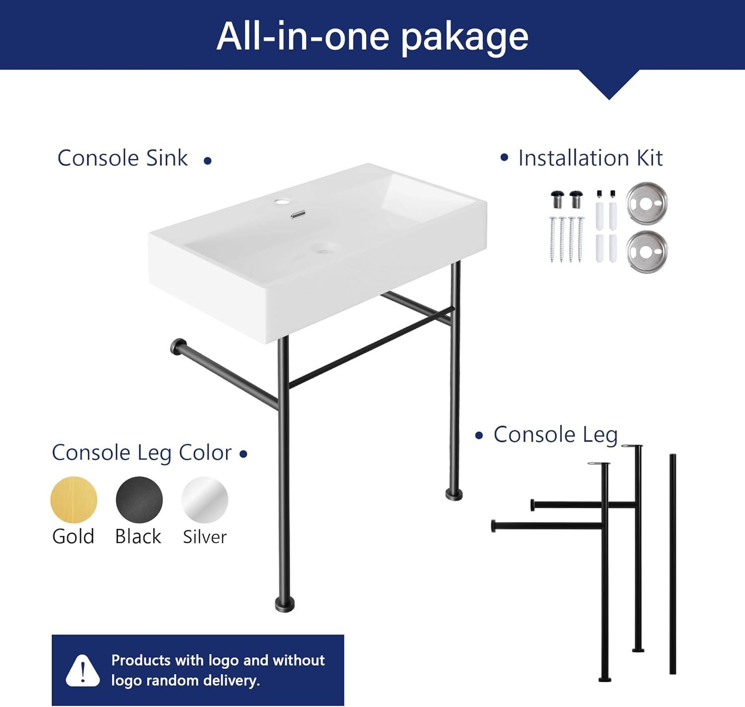 30" White Ceramic Console Sink with Black Stainless Steel Legs