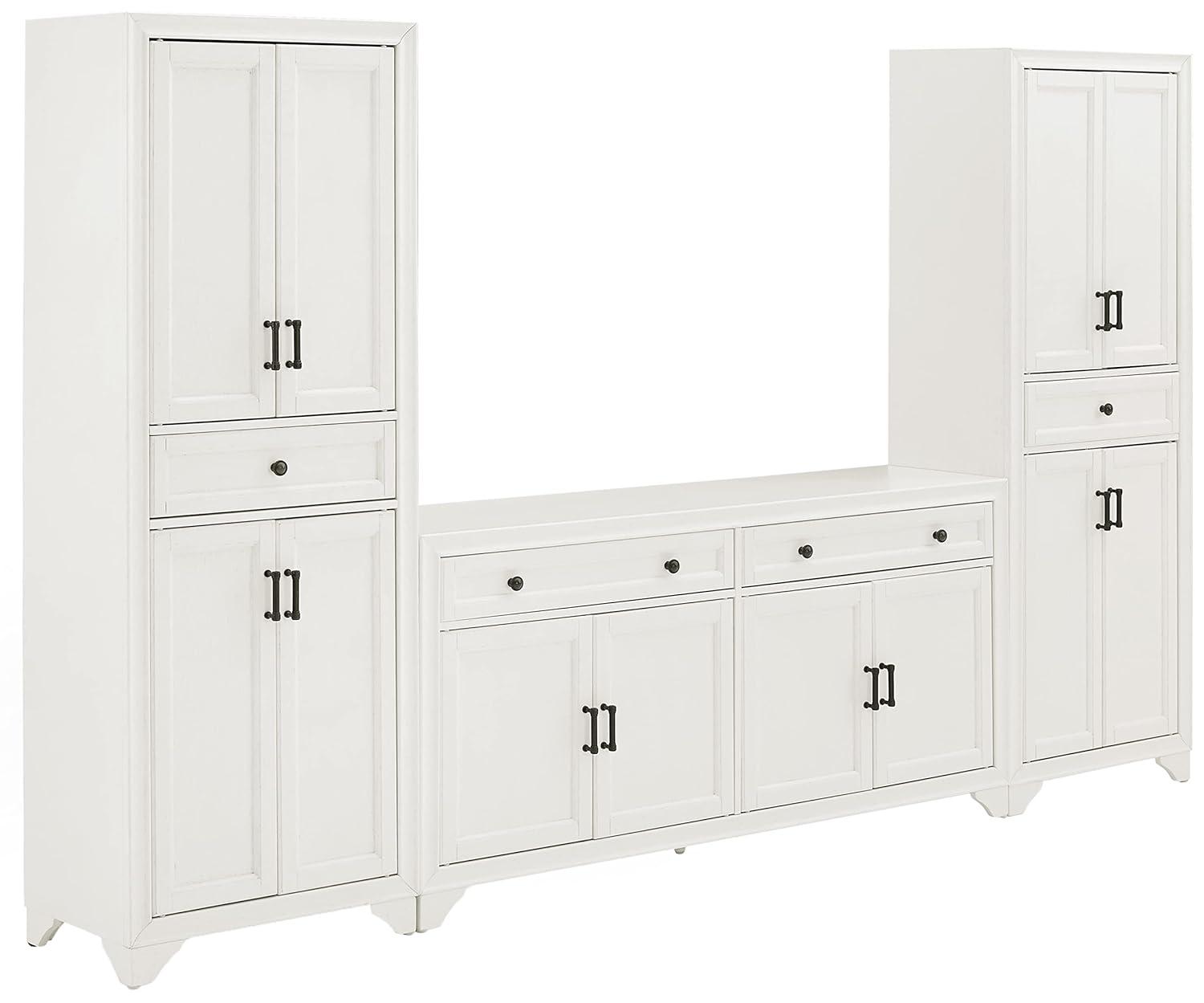 3pc Tara Sideboard and Pantry Set Distressed White - Crosley: Kitchen Storage, Adjustable Shelves, MDF