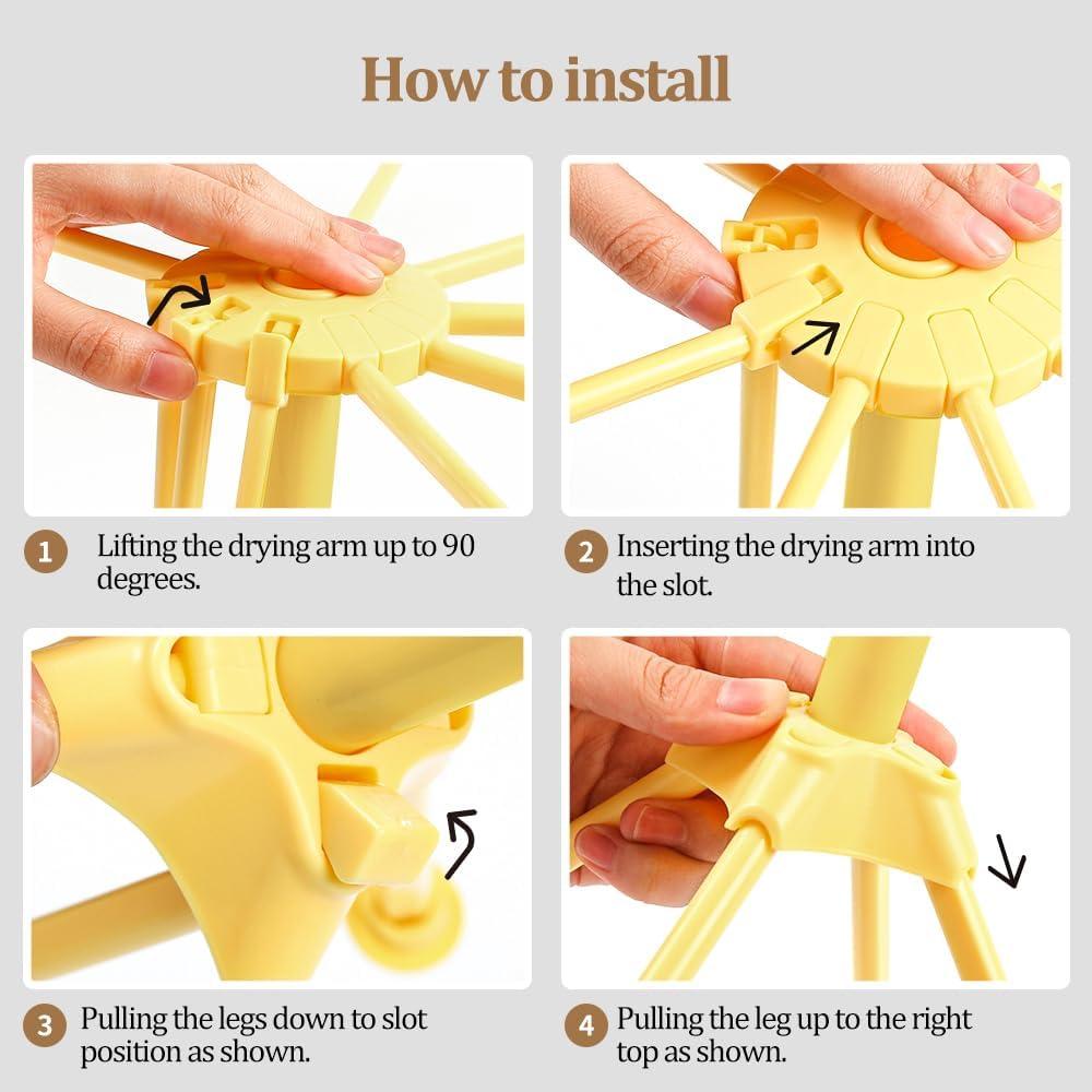 Foldable Pasta Drying Rack, Plastic Collapsible Spaghetti Hanger Noodle Dryer Stand with 10 Bar Handles for Homemade Fresh Pasta, Stable, Easy Storage, Quickly Set Up (Yellow)