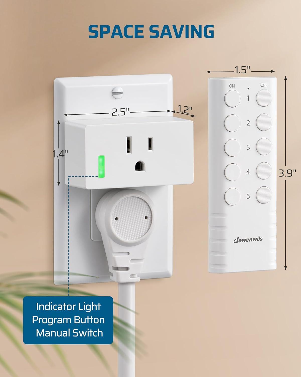 DEWENWILS Remote Control Outlet, Remote Control Outlet Plug 200FT Range, Indoor Wireless Remote Outlet Switch for Lamps, Fans, Christmas Lights, 15A/1800W，FCC & ETL Listed (5 Outlets + 2 Remotes)