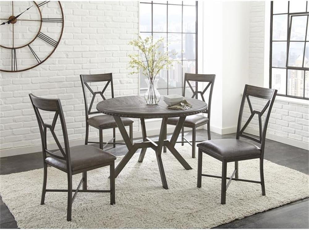 5pc Alamo Dining Set Gray - Steve Silver Co.: Round Table, Geometric Metal Base, Padded Vinyl Chairs