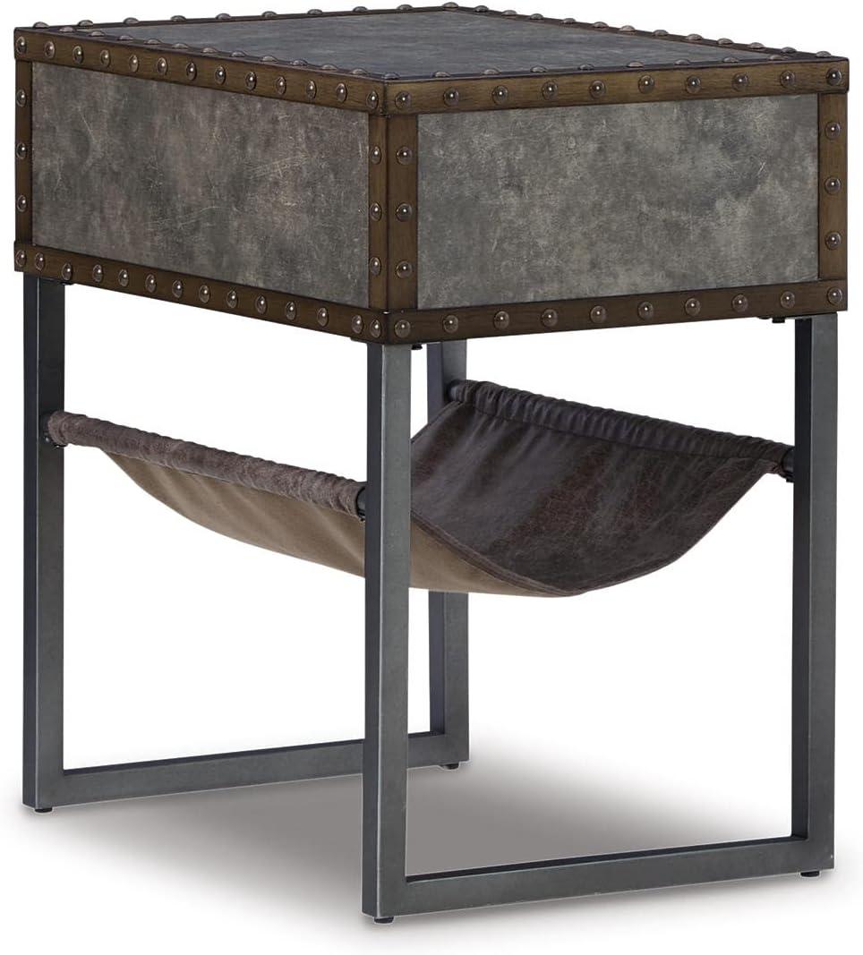 Modern Gray-Brown Chairside End Table with Metal Accents and Storage