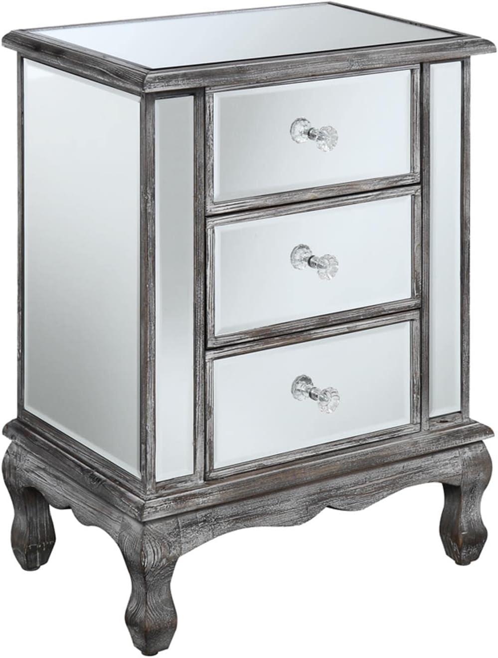 Weathered Gray Mirrored 3-Drawer End Table with Storage