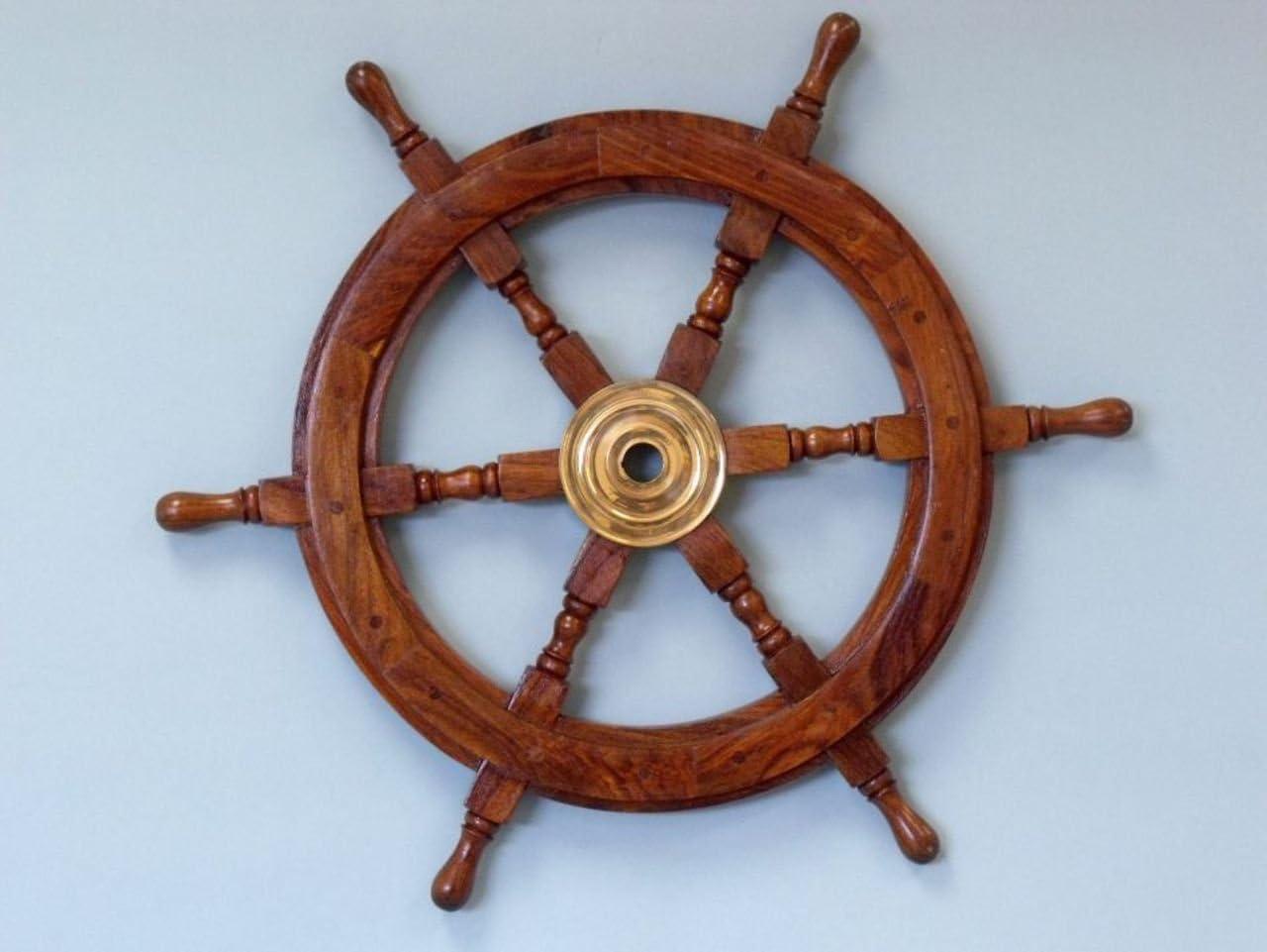 Deluxe Lacquered Wood and Brass Nautical Ship Wheel 18"