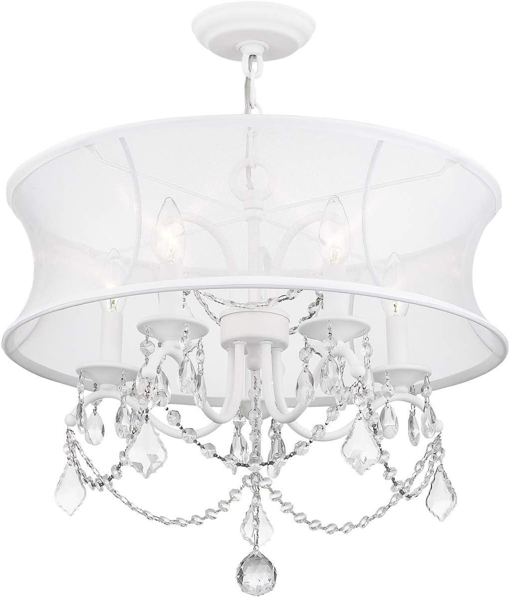 White Crystal Chandelier with Silk Shade and Scrolling Arms