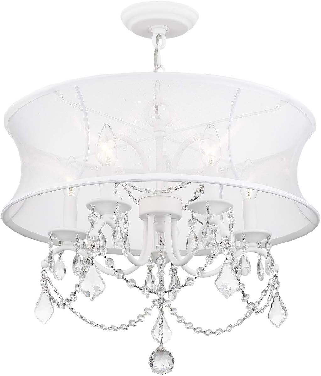 5 Light White Chandelier with Off White Silk Shimmer Shade