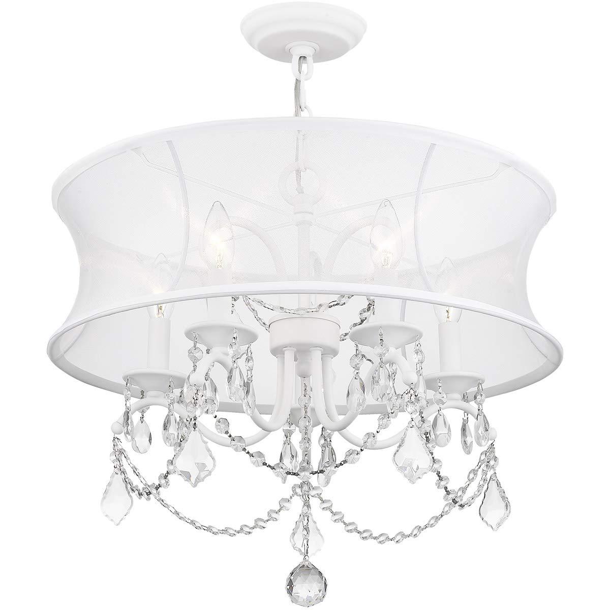 5 Light White Chandelier with Off White Silk Shimmer Shade