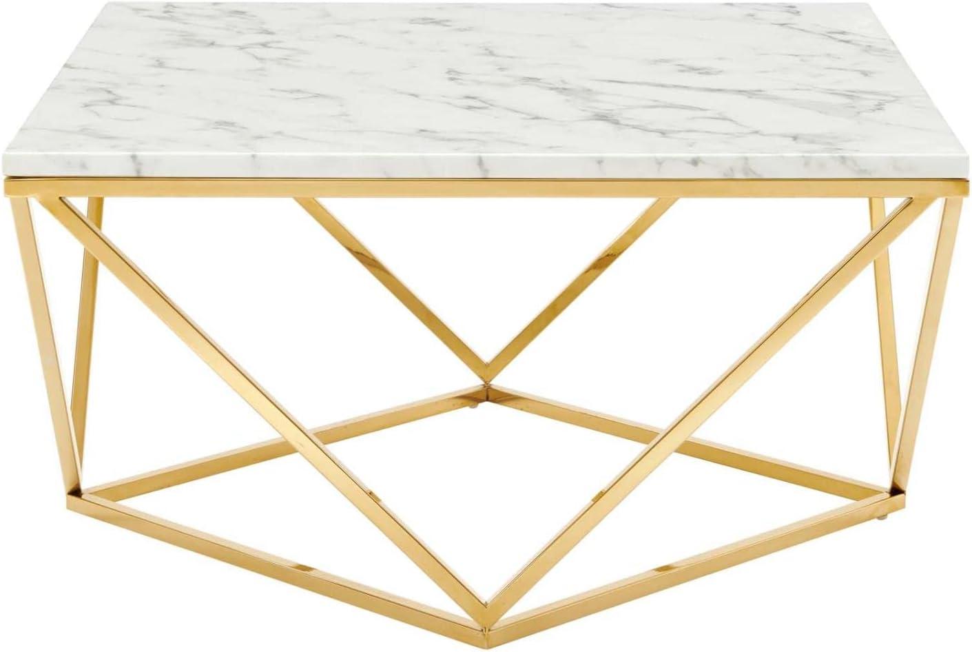 Modway Vertex Artificial Marble & Stainless Steel Coffee Table in Gold/White