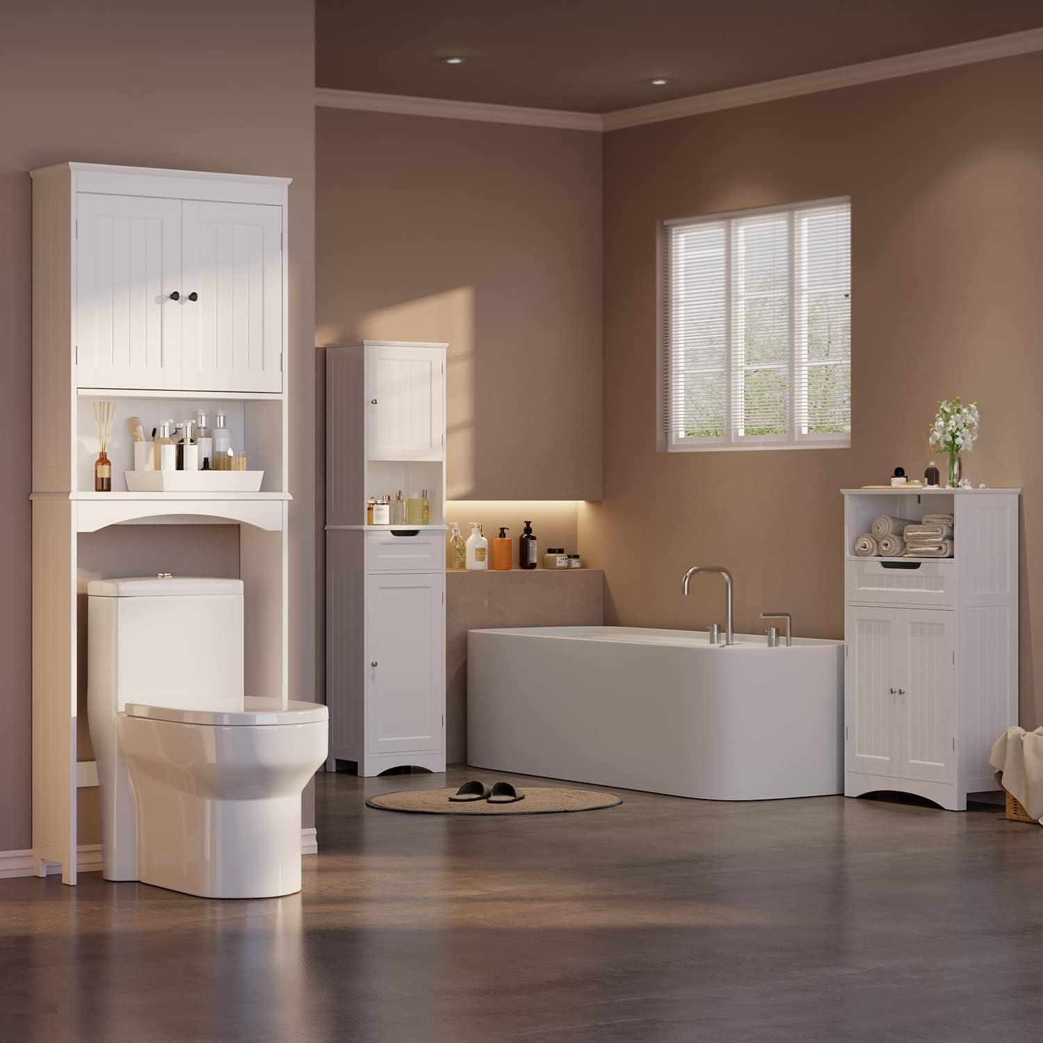 Aiho 66.1" over the Toilet Storage Cabinet with Adjustable Shelf and Open Storage Shelf, Freestanding - White