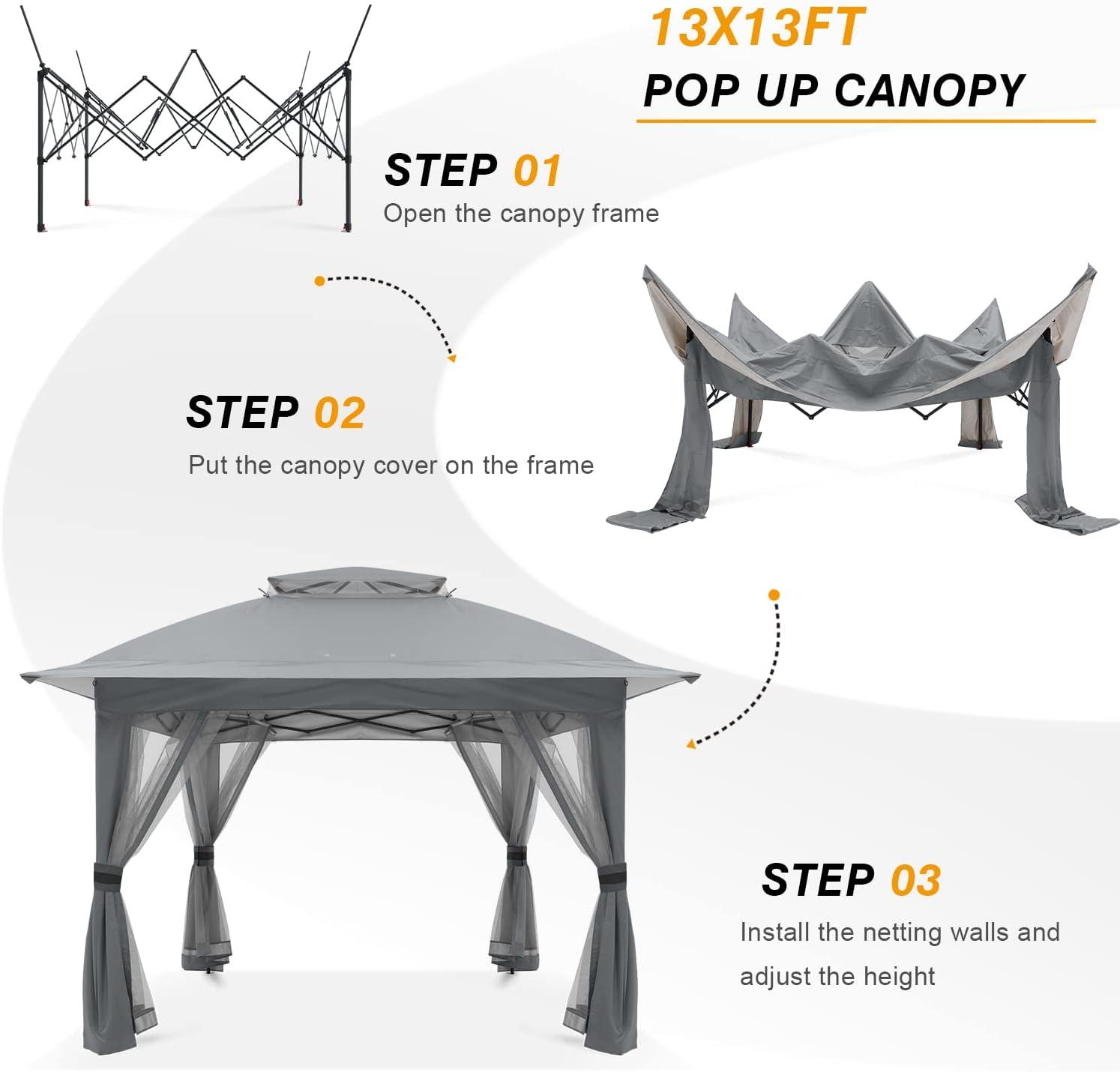 Grey 13x13 Pop Up Gazebo Tent with Mosquito Netting