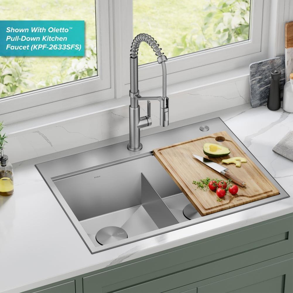 KRAUS Kore™ 30" L Drop-In Workstation 16 Gauge Stainless Steel Double Bowl Kitchen Sink with Accessories