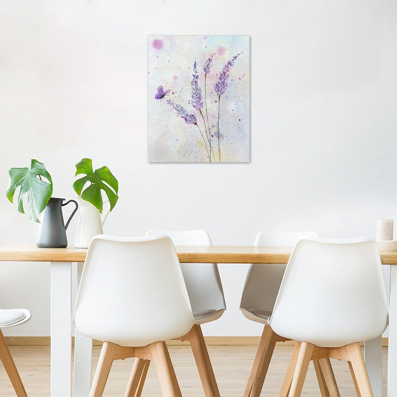 HVEST Lavender Canvas Wall Art Butterfly with Purple Flower Artwork Elegant Paintings for Living Room Bedroom Bathroom Wall Decor,Stretched and Framed Ready to Hang,12x16 inches