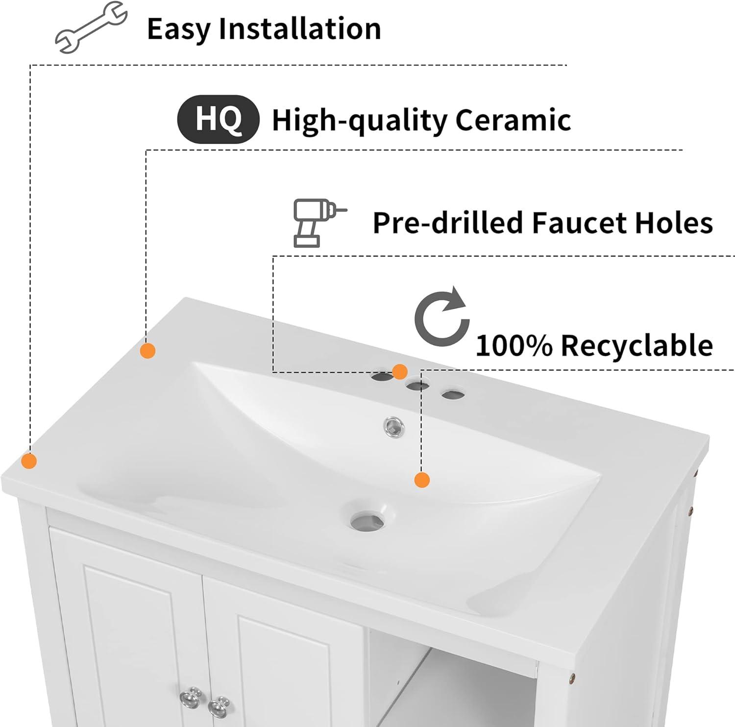 White 30" Freestanding Bathroom Vanity with Ceramic Sink and Storage