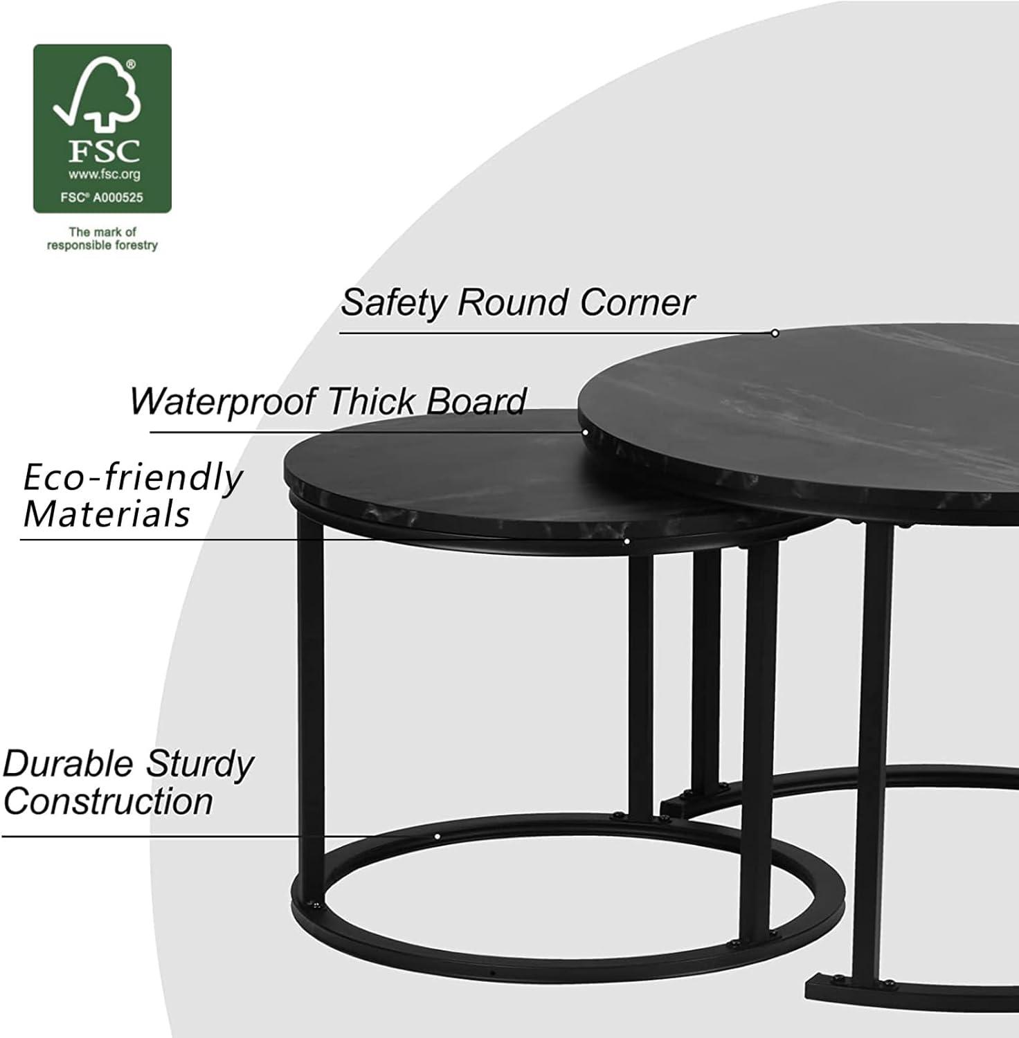 Yesfashion Nesting Coffee Table Set Of 2, 27.6" Round Coffee Table Wood Top With Sturdy Metal Frame, End Table Side Tables For Living Room Bedroom Balcony Yard