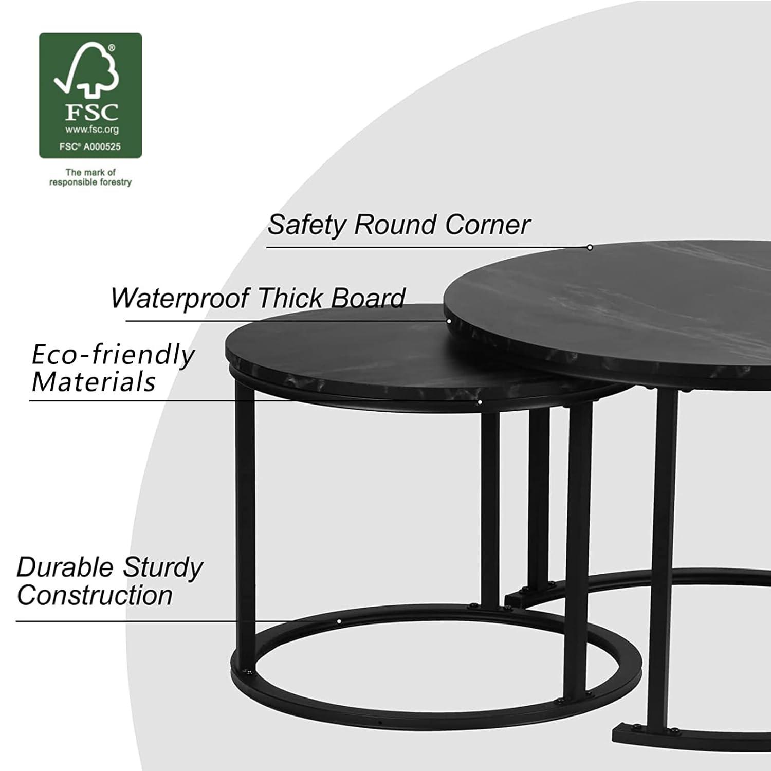 Yesfashion Nesting Coffee Table Set Of 2, 27.6" Round Coffee Table Wood Top With Sturdy Metal Frame, End Table Side Tables For Living Room Bedroom Balcony Yard