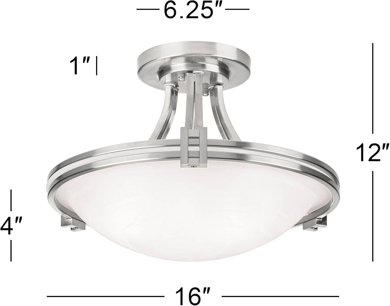 Possini Euro Design Deco Modern Ceiling Light Semi Flush Mount Fixture 16" Wide Brushed Nickel 2-Light White Marbleized Glass Bowl for Bedroom Kitchen