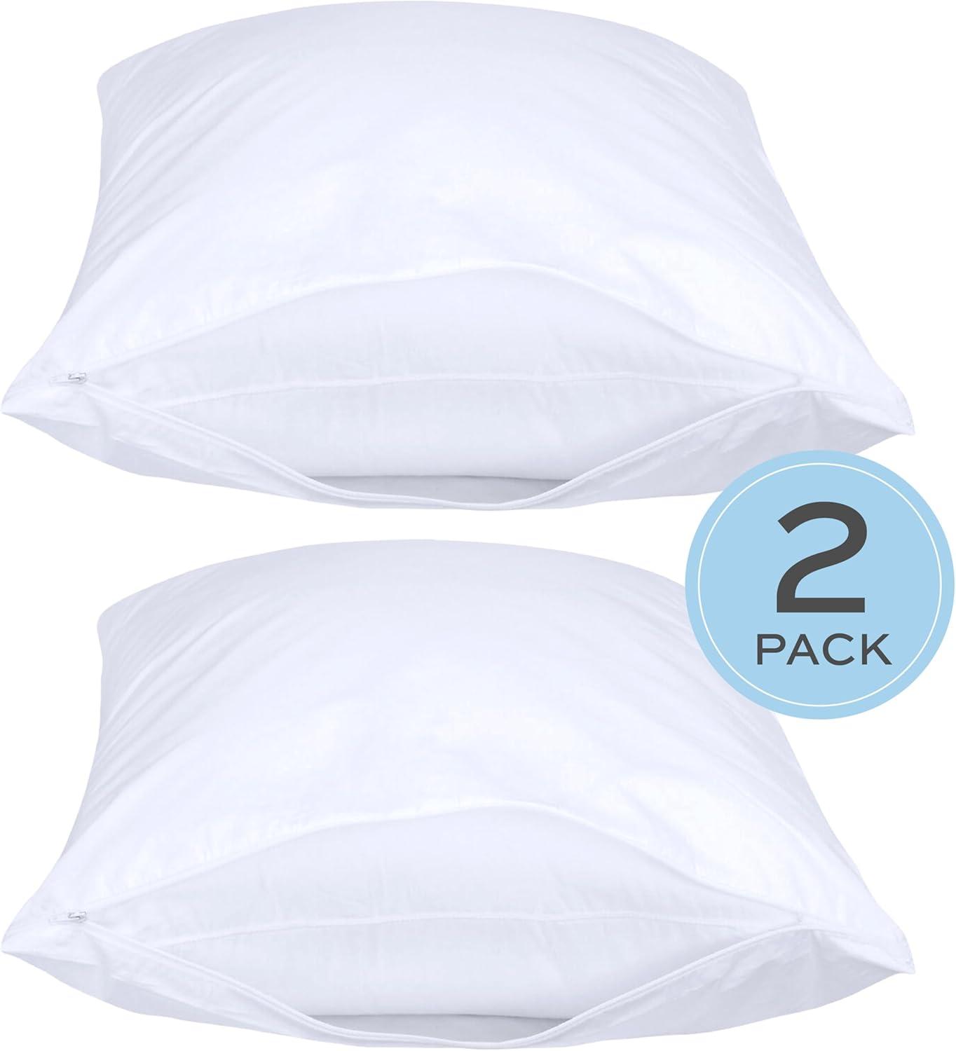 White Classic Luxury Hotel Collection Zippered Style Pillow Cover, 200 Thread Count, Soft Quiet Zippered Pillow Protectors, Standard Size, Set of 2