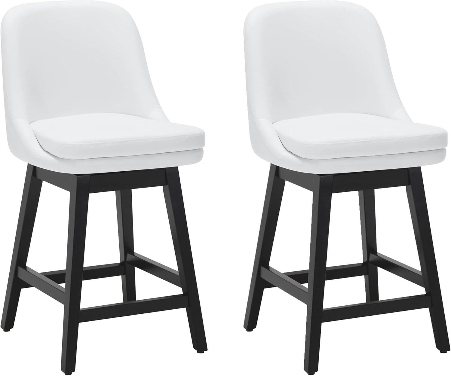 CHITA 26 inch Upholstered Swivel Faux Leather Counter Bar Stools with Back & Wood Legs Set of 2, Pure White