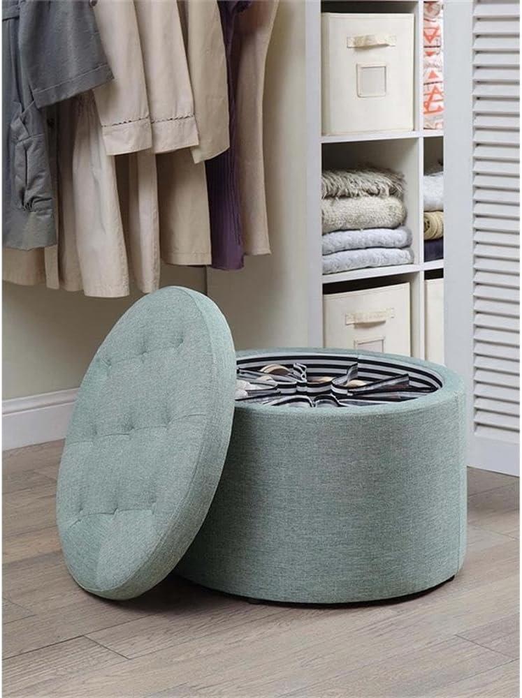 Tufted Round Green Faux Linen Shoe Ottoman with 12 Compartments