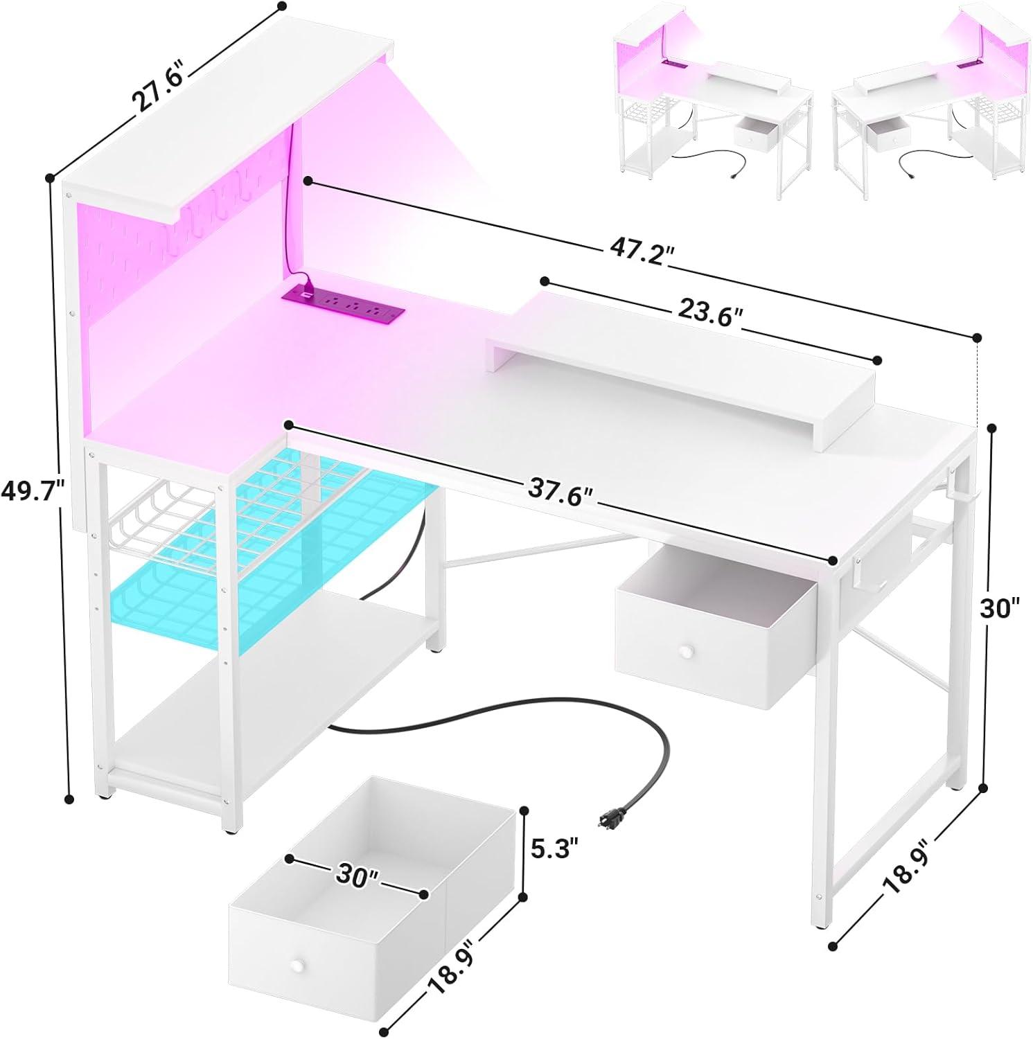 White L-Shaped Gaming Desk with Drawer and Power Outlet