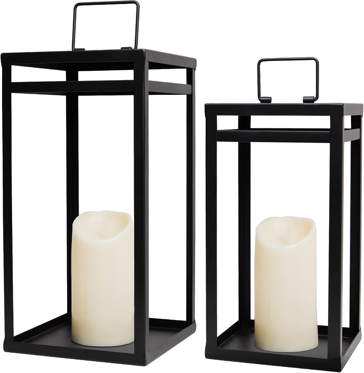 Black Metal LED Candle Lanterns Set with Timer, 15.8'' & 12.6''