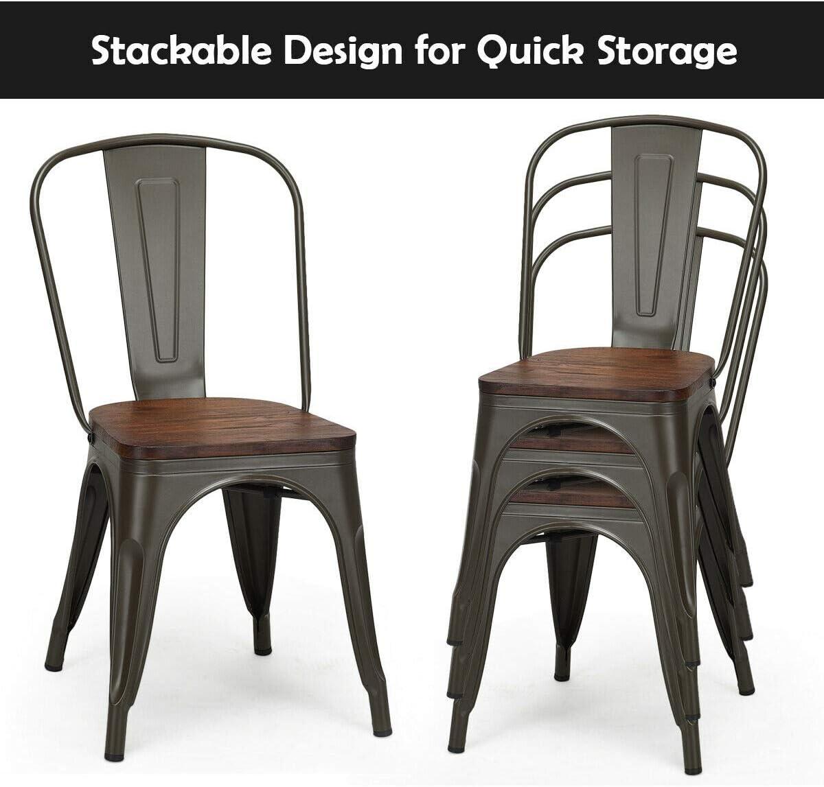 Costway Set of 4 Style Metal Dining Side Chair Wood Seat Stackable Bistro Cafe