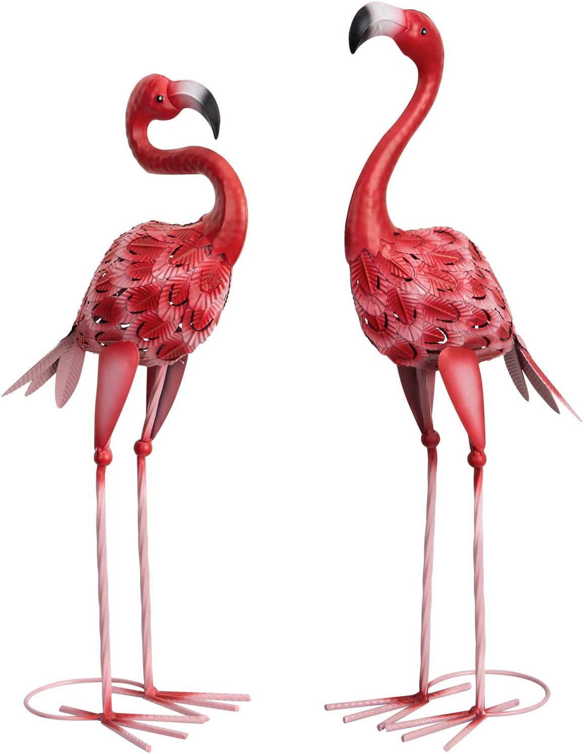 Red Metal Flamingo Garden Sculptures, Set of 2