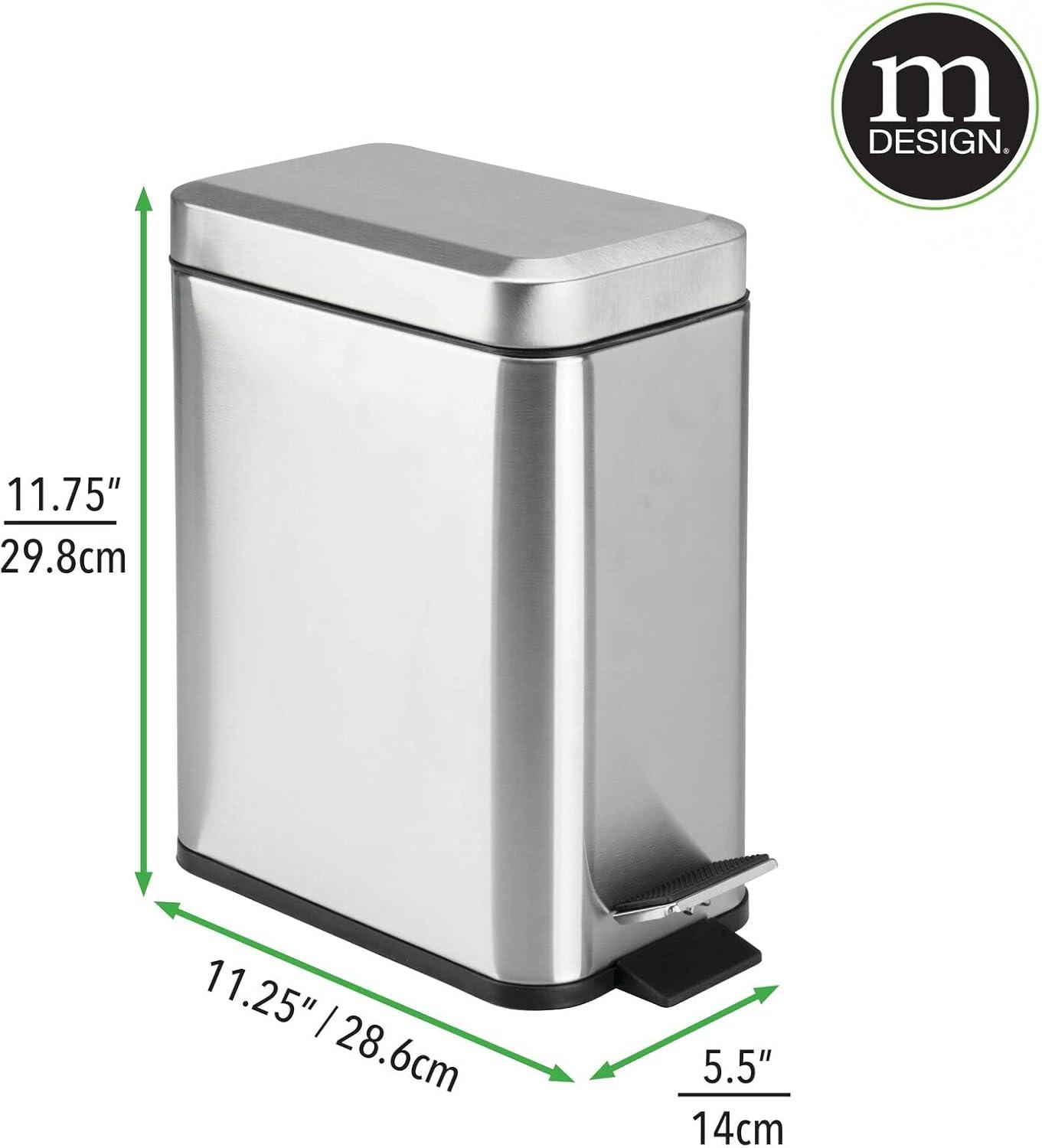 mDesign Small 1.3 Gallon Rectangle Metal Step Can, Liner/Handle, Brushed Chrome