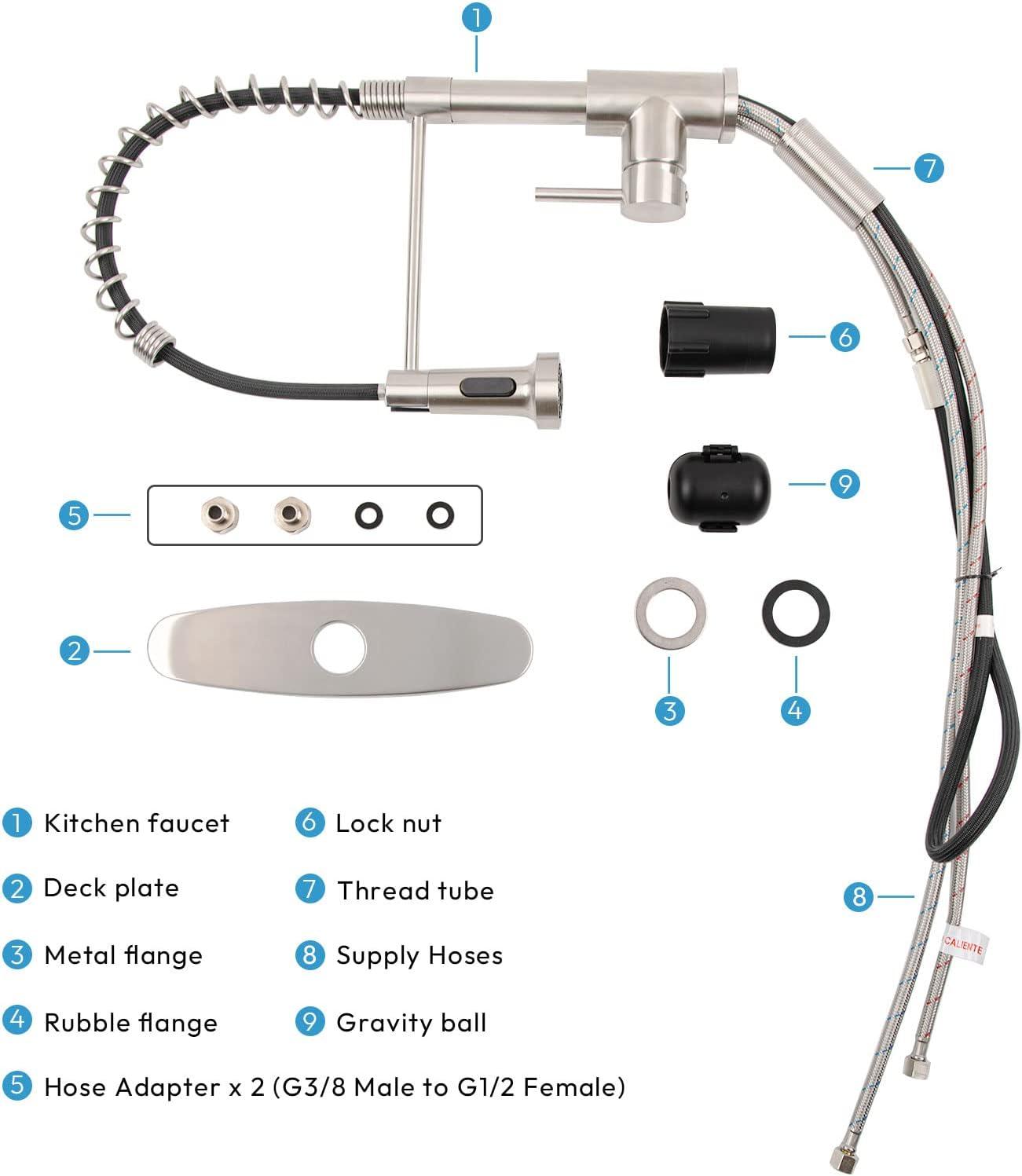 Besdor Kitchen Faucet with Pull Down Sprayer, Spring Single Handle Faucet for Kitchen Sink, Two Function Sprayer, 360-degree Rotation, with Deck Plate, 304 Food Grade Stainless Steel, Brushed Nickel