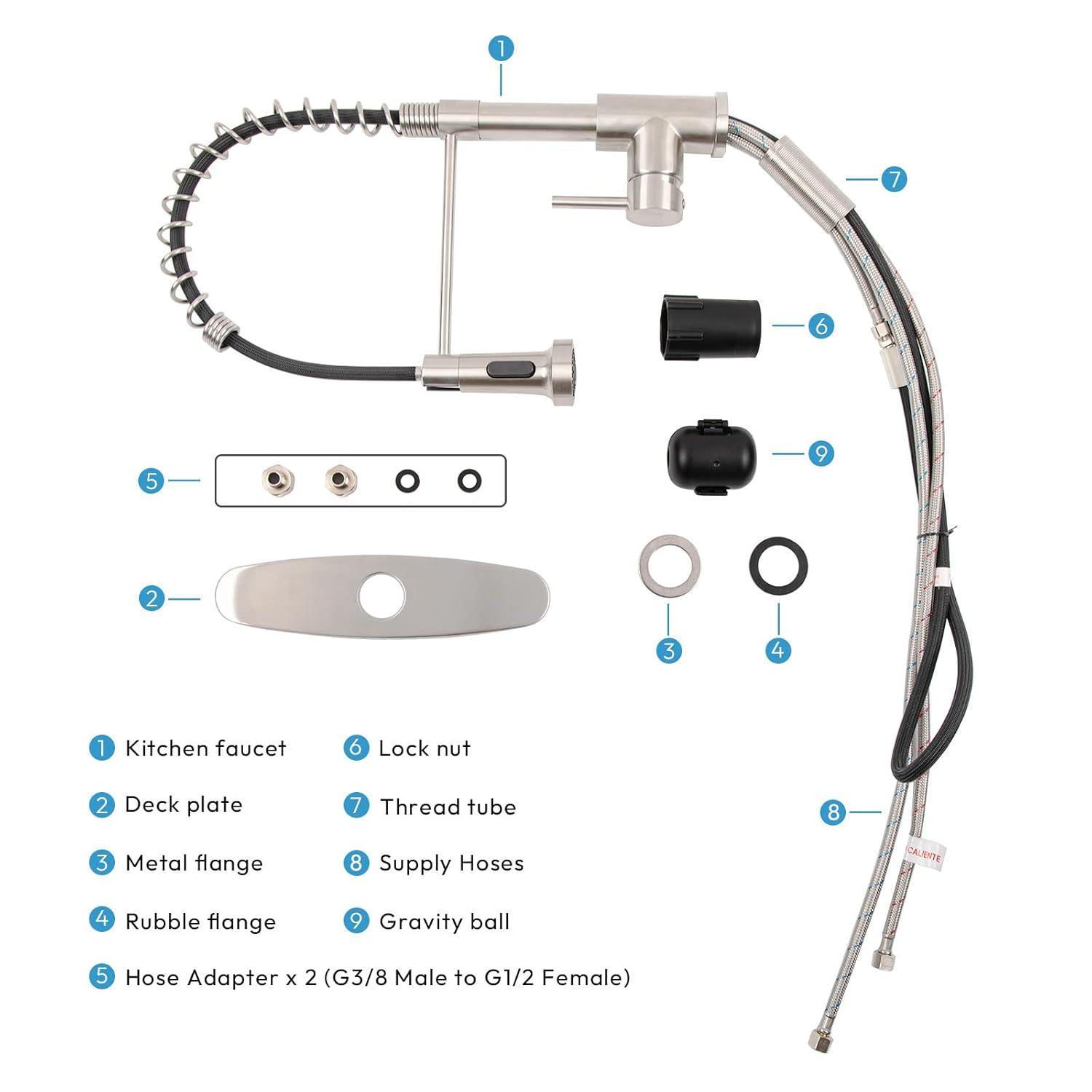 Besdor Kitchen Faucet with Pull Down Sprayer, Spring Single Handle Faucet for Kitchen Sink, Two Function Sprayer, 360-degree Rotation, with Deck Plate, 304 Food Grade Stainless Steel, Brushed Nickel