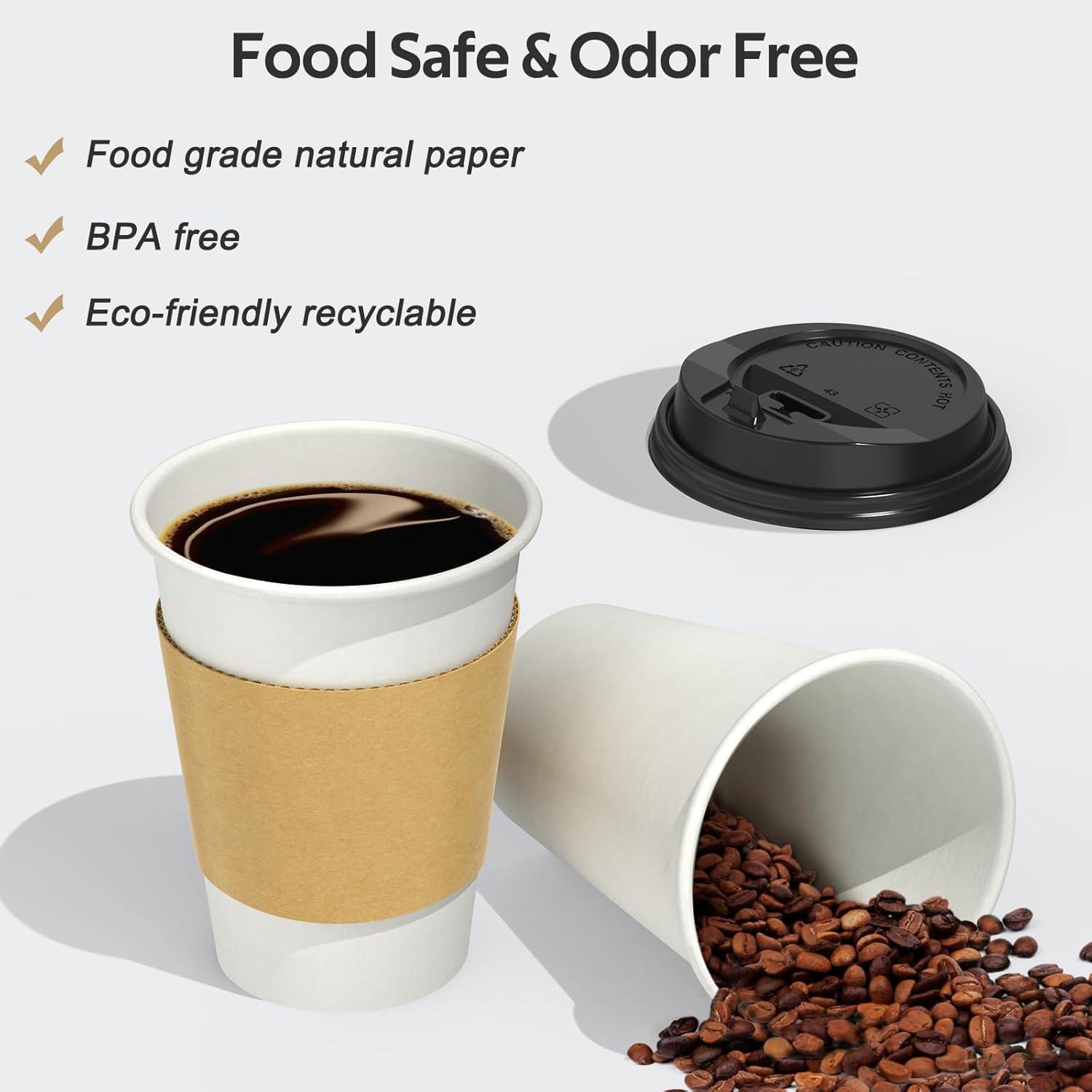 GUSTO 12 Oz Paper Cups Disposable Coffee Cups with Lids & Coffee Sleeves, 100 Sets