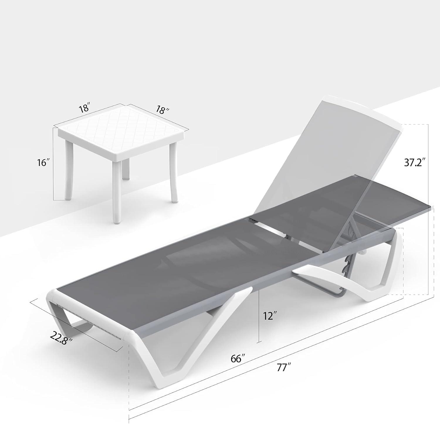 Grey Aluminum and PVC-Coated Polyester Outdoor Chaise Lounge Set with Side Table