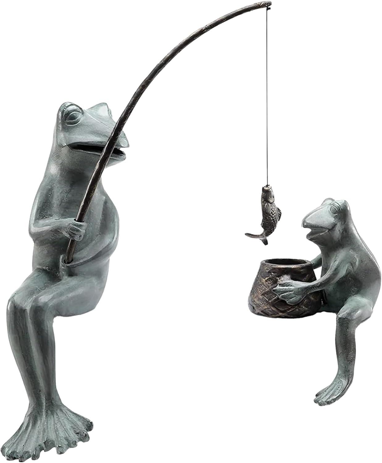 Fishing Frogs Verdigris Green Metal Garden Sculpture Pair