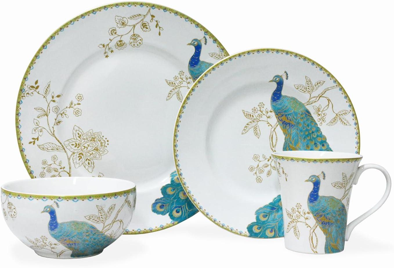 222 Fifth Peacock Garden Porcelain 16pc Dinnerware Set White: Round Dish Set, Service for 4, Bird Pattern, Dishwasher-Safe